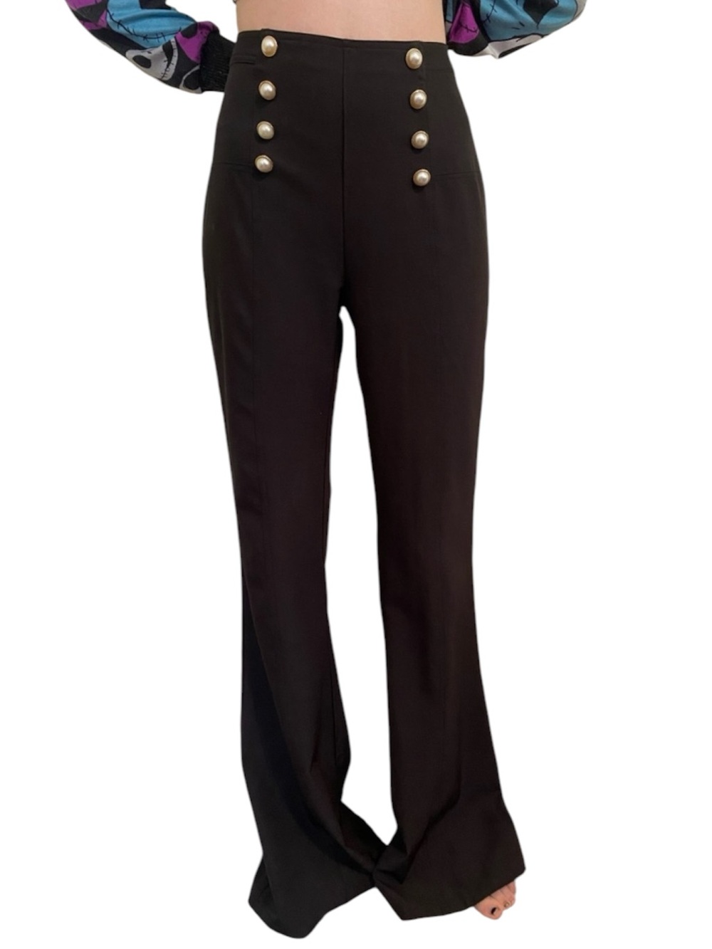 Lulumari Black High-Waist Sailor flare Trousers with Gold Buttons size small